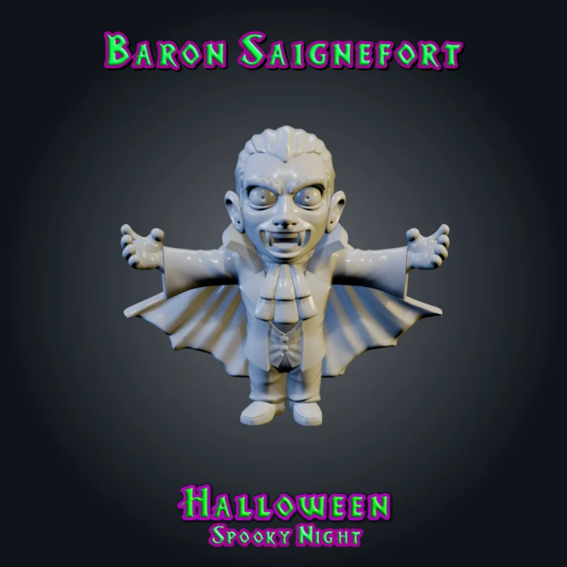 Baron Saignefort-03 Baron Saignefort, figurine de vampire en résine 28 mm, bras ouverts, cape à haut col, jabot et crocs, avec une nuée de petites chauves-souris dans la cape vue brute sans chauves souris