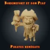Borgnefort et son Piaf Borgnefort et son Piaf, figurine de vieux pirate en résine 28 mm avec bandeau sur l'œil, jambe de bois, béquille et perroquet portant une clé autour du cou