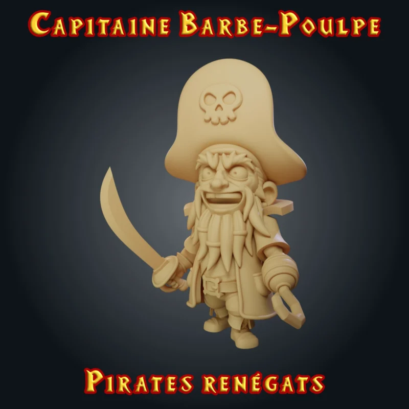 Capitaine Barbe-Poulpe, figurine de capitaine pirate en résine 28 mm avec sabre, crochet, grand chapeau à tête de mort et barbe en tentacules