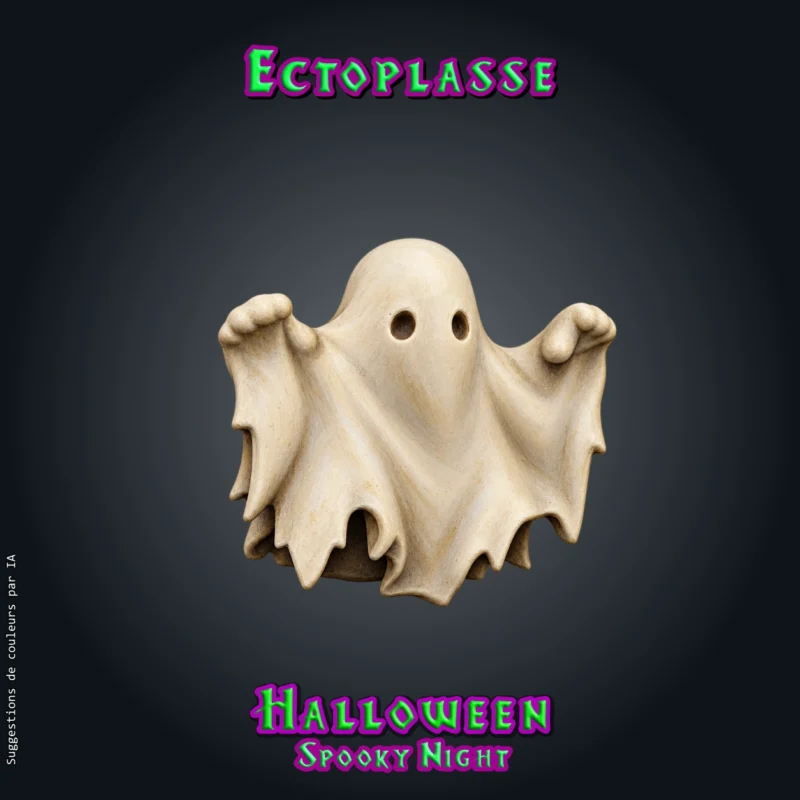 Ectoplasse-01 Ectoplasse, figurine de fantôme en résine 28 mm sous un grand drap déchiré, bras levés pour faire peur, deux petits yeux ronds, série Spooky Night