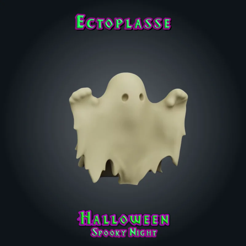 Ectoplasse, figurine de fantôme en résine 28 mm sous un grand drap déchiré, bras levés pour faire peur, deux petits yeux ronds, série Spooky Night version brute
