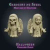 Les Gardiens du Seuil, set de 2 anges funéraires miniatures en résine : Mortimer, ange encapuchonné au visage de crâne, et Séraphine, ange au visage serein et aux longs cheveux, ailes repliées et mains ouvertes