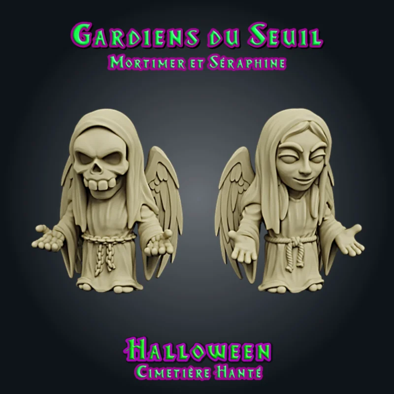 Gardiens du seuil-01 Les Gardiens du Seuil, set de 2 anges funéraires miniatures en résine : Mortimer, ange encapuchonné au visage de crâne, et Séraphine, ange au visage serein et aux longs cheveux, ailes repliées et mains ouvertes