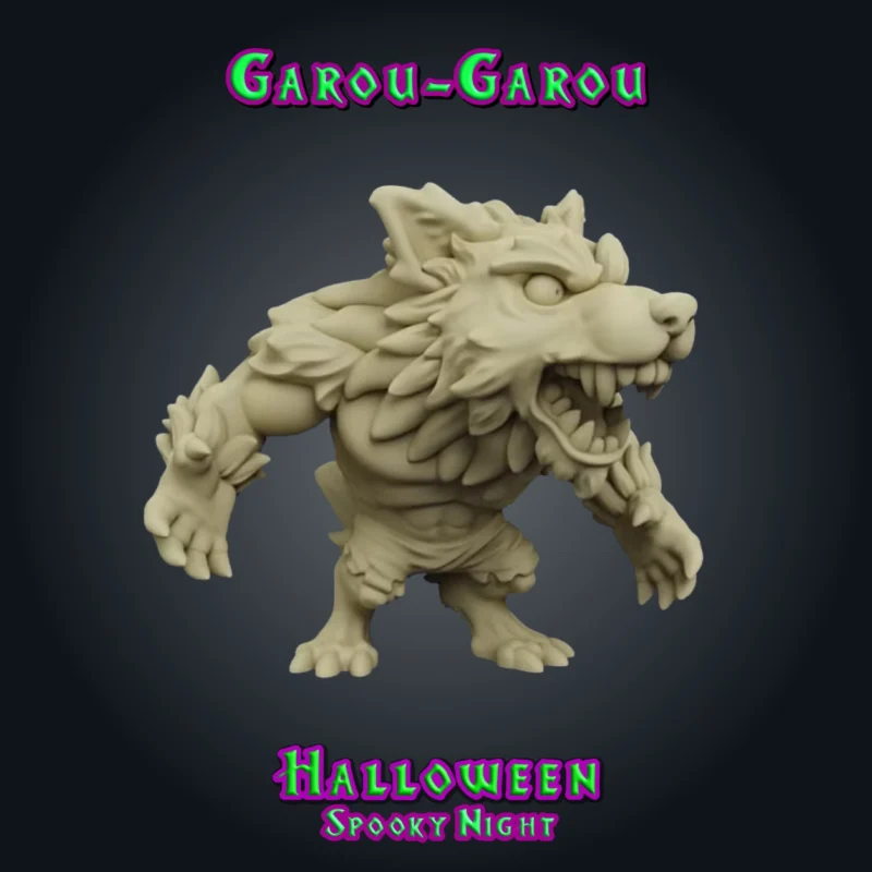 Garou-Garou, figurine de loup-garou en résine 28 mm, gueule grande ouverte pleine de crocs, fourrure hérissée, griffes sorties et short déchiré, série Spooky Night version brute