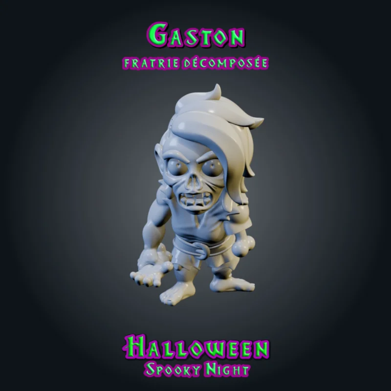 Les Trois Croque-Mort, lot de 3 figurines de zombies en résine 28 mm : Gaston aux longs cheveux, Fernand qui tient sa propre tête, Marcel qui rampe bras tendu Gaston