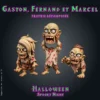 Gaston Fernand et Marcel-01 Les Trois Croque-Mort, lot de 3 figurines de zombies en résine 28 mm : Gaston aux longs cheveux, Fernand qui tient sa propre tête, Marcel qui rampe bras tendu