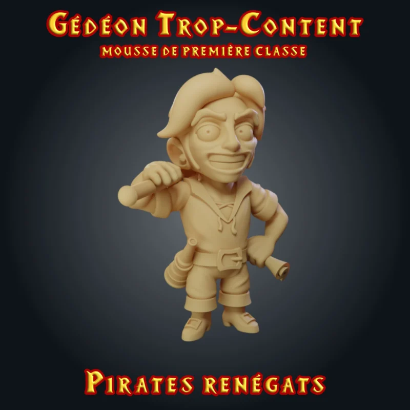 Gédéon Trop-Content, figurine de mousse pirate en résine 28 mm, grand sourire, pelle sur l'épaule, carte au trésor roulée en main