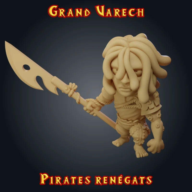 Grand Varech, figurine de harponneur pirate en résine 28 mm, colosse aux longues mèches tombantes, pieds nus, tenant une grande arme d'hast à lame crochue