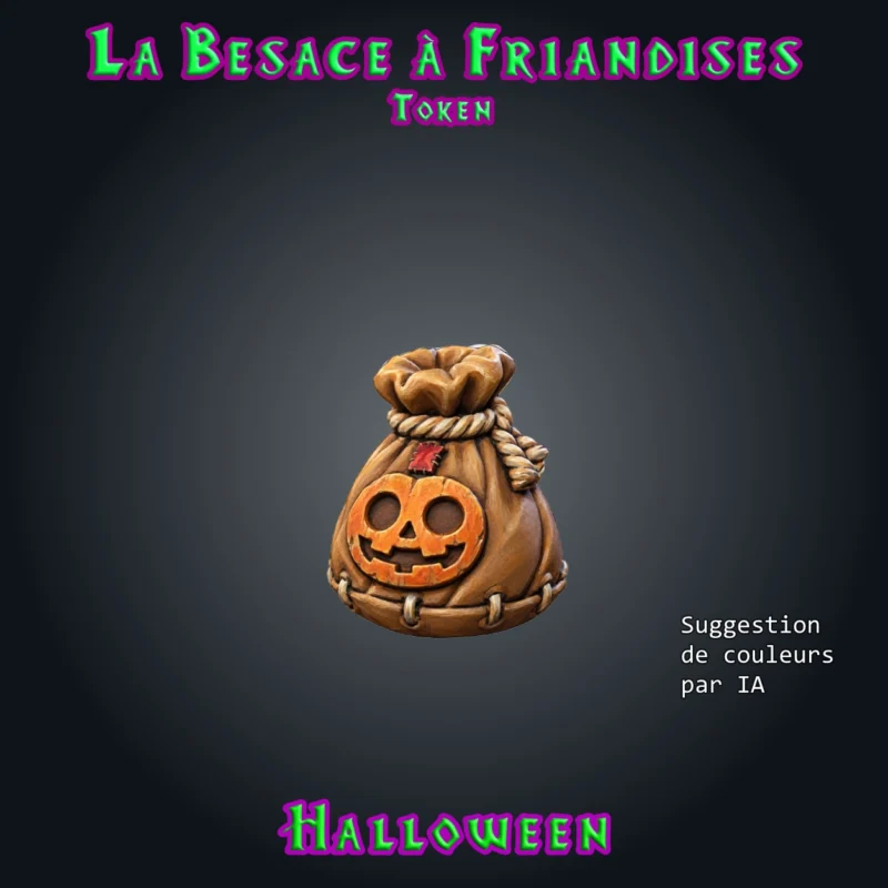 La Besace à Friandises-02 La Besace à Friandises, accessoire Halloween en résine pour JDR : sac de toile noué par une corde, orné d'un visage de citrouille souriant - proposition de mise en couleurs