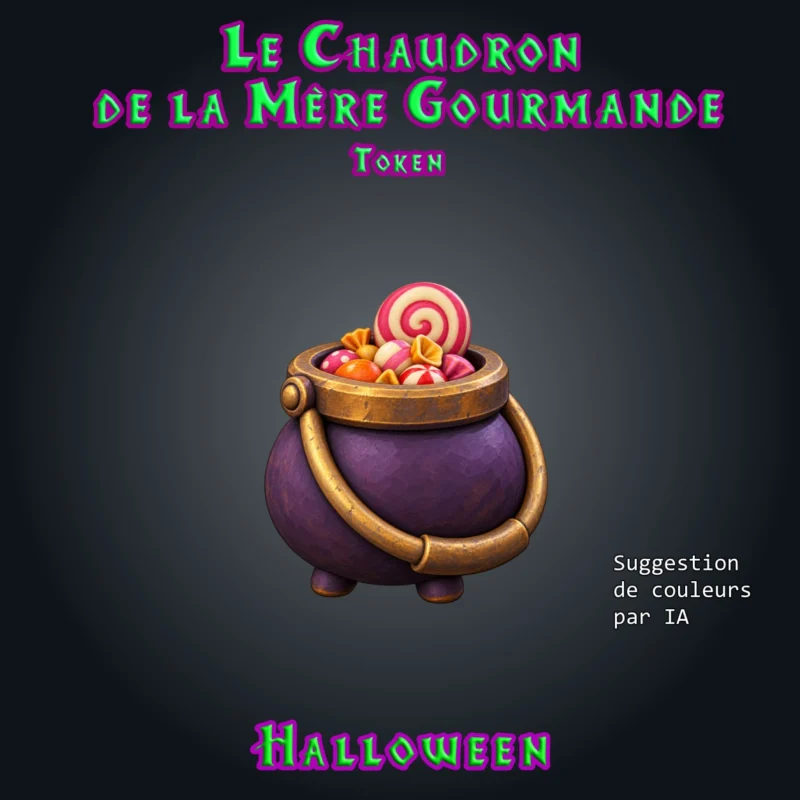 Le Chaudron de la Mère Gourmande-02 Le Chaudron de la Mère Gourmande, chaudron miniature en résine pour JDR sur trois pieds, à anse, débordant de sucettes et de bonbons emballés proposition de mise en couleurs