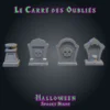 Le carré des oubliés-02 Le Carré des Oubliés, set de 4 pierres tombales miniatures en résine pour JDR : stèles fissurées ornées de crânes, stèle brisée avec bougie fondue, vasque d'offrandes vue brute