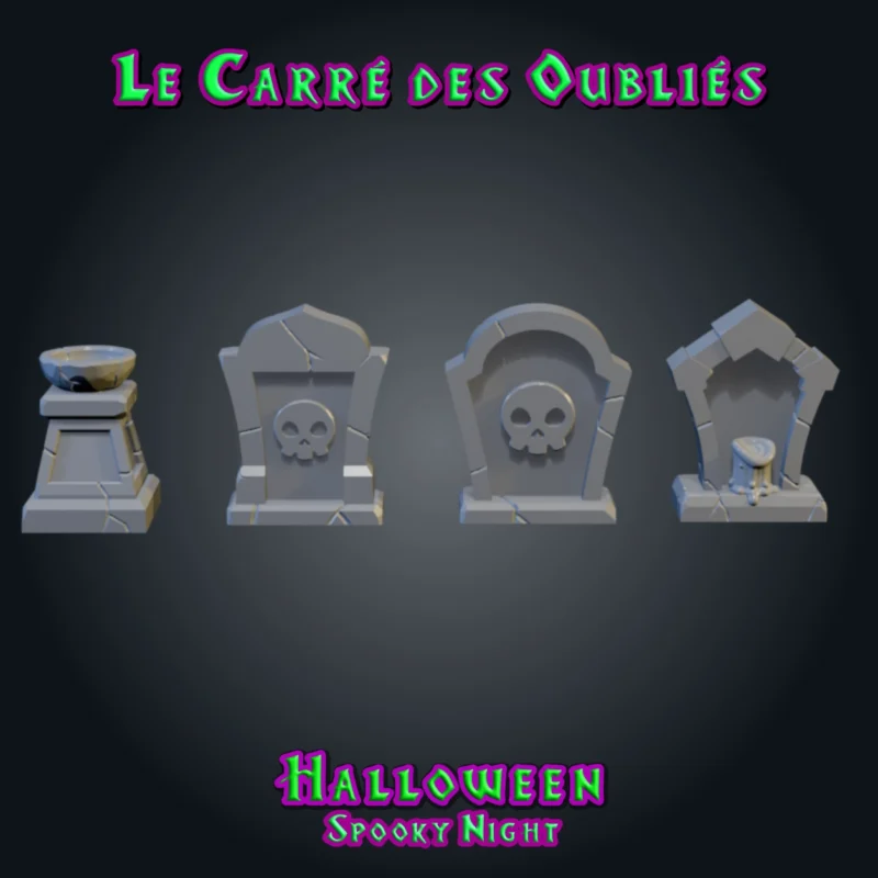 Le Carré des Oubliés, set de 4 pierres tombales miniatures en résine pour JDR : stèles fissurées ornées de crânes, stèle brisée avec bougie fondue, vasque d'offrandes vue brute