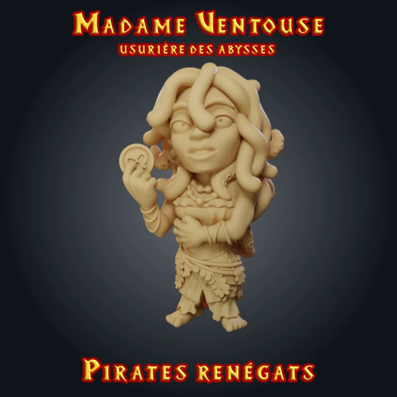 Madame Ventouse, figurine pirate en résine 28 mm : sorcière des mers aux cheveux tentacules tenant une pièce d'or, série Pirates renégats