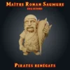 Maître Ronan Saumure Ronan Saumure, figurine de cuisinier pirate en résine 28 mm avec bandana, longues moustaches, tablier à crochets, hachoir et énorme poisson sur l'épaule