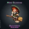 Mere Grimoire-01 Mère Grimoire, figurine de jeune sorcière en résine 28 mm assise sur son balai, grand chapeau à large bord, chat noir dans les bras, sourire espiègle