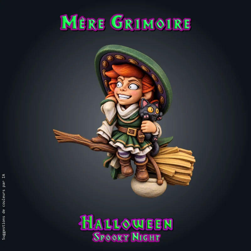 Mere Grimoire-01 Mère Grimoire, figurine de jeune sorcière en résine 28 mm assise sur son balai, grand chapeau à large bord, chat noir dans les bras, sourire espiègle