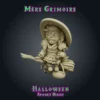 Mere Grimoire-02 Mère Grimoire, figurine de jeune sorcière en résine 28 mm assise sur son balai, grand chapeau à large bord, chat noir dans les bras, sourire espiègle VERSION BRUTE