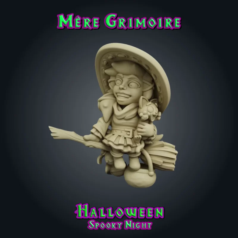 Mère Grimoire, figurine de jeune sorcière en résine 28 mm assise sur son balai, grand chapeau à large bord, chat noir dans les bras, sourire espiègle VERSION BRUTE