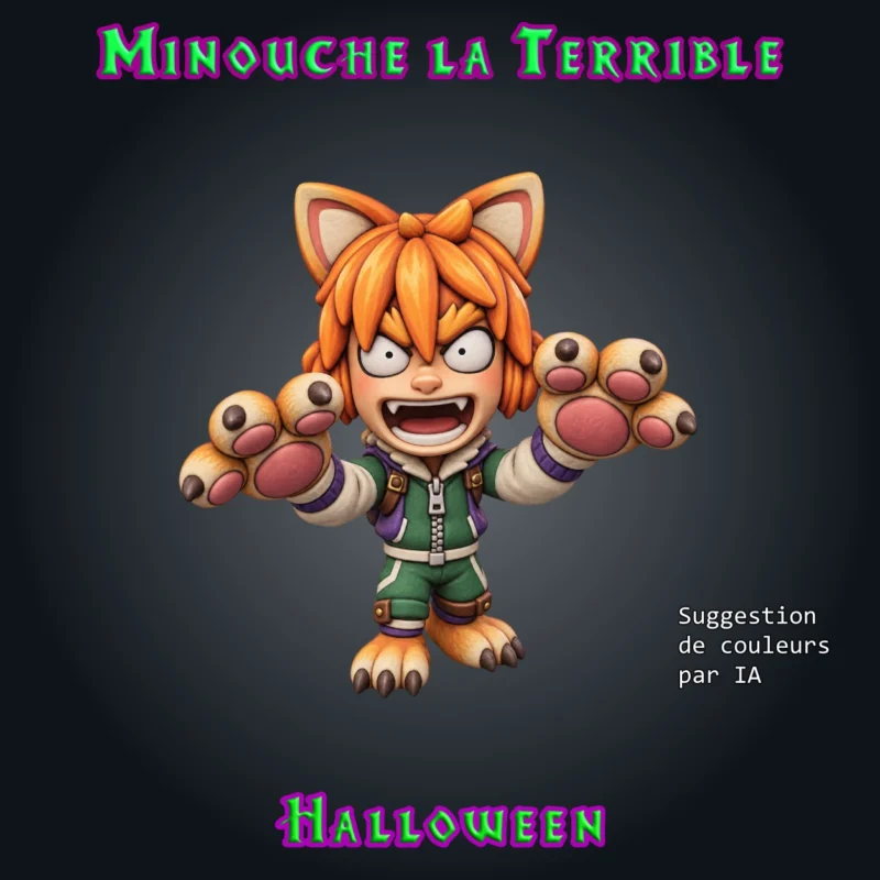 Minouche la Terrible-02 Minouche la Terrible, figurine Halloween en résine 28 mm d'un enfant déguisé en chat, oreilles pointues, grosses pattes griffues levées et bouche grande ouverte