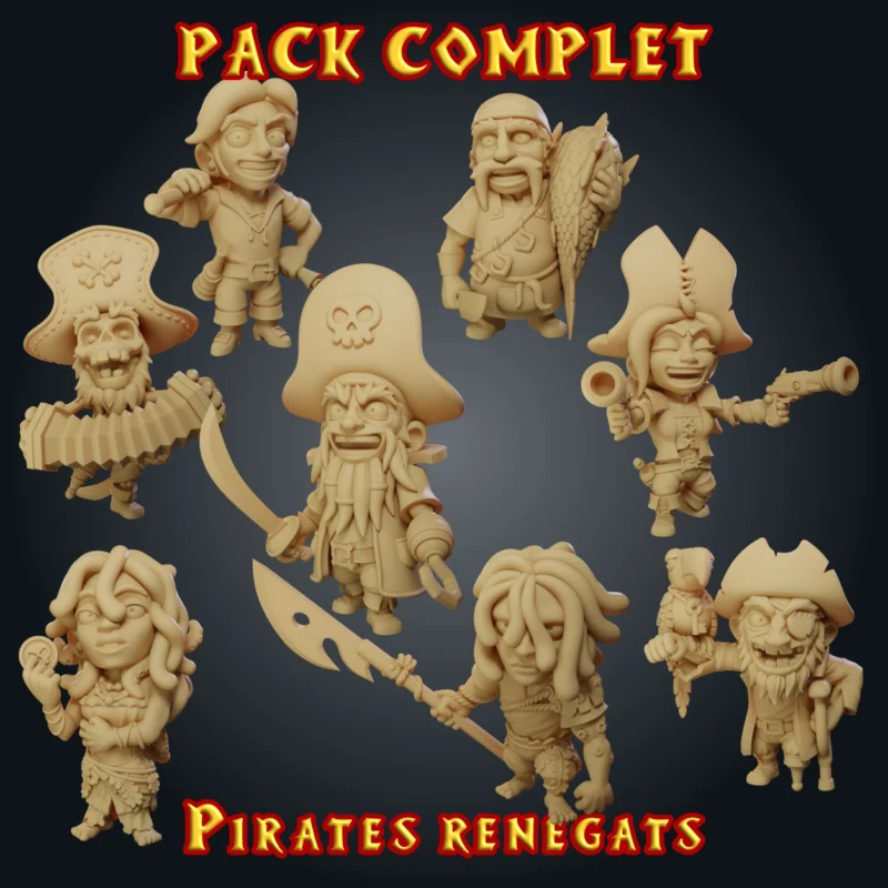Pack complet - pirates renégats Pack complet Pirates renégats : 8 figurines pirates en résine 28 mm, capitaine, canonnière, cuisinier, mousse, harponneur, sorcière, squelette accordéoniste et vieux marin