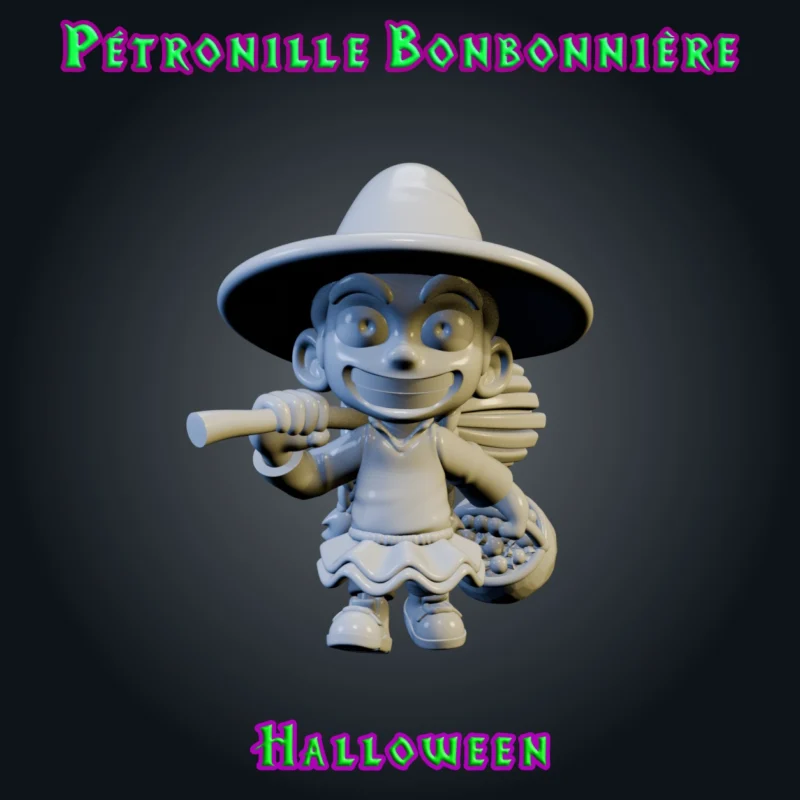 Pétronille Bonbonnière, figurine de petite sorcière en résine 28 mm avec grand chapeau, balai sur l'épaule, panier rempli de bonbons et jupe à volants vue brute