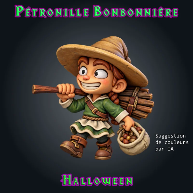 Pétronille Bonbonnière-02 Pétronille Bonbonnière, figurine de petite sorcière en résine 28 mm avec grand chapeau, balai sur l'épaule, panier rempli de bonbons et jupe à volants