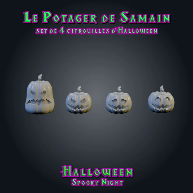 Le Potager de Samain, set de 4 citrouilles d'Halloween en résine pour JDR : trois citrouilles rondes et une citrouille allongée aux visages sculptés version brute