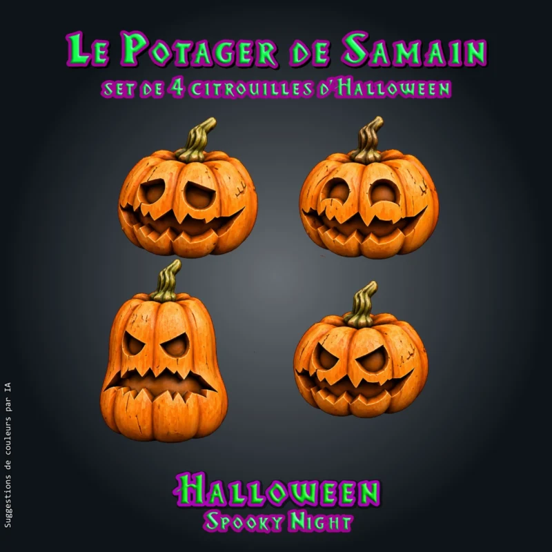Potager de samain Le Potager de Samain, set de 4 citrouilles d'Halloween en résine pour JDR : trois citrouilles rondes et une citrouille allongée aux visages sculptés