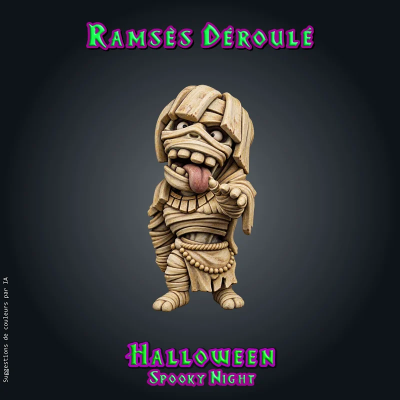 Ramses deroulé-01 Ramsès Déroulé, figurine de momie en résine 28 mm, bandelettes en désordre, grands yeux ronds, langue tirée, main tendue, collier et pagne à perles
