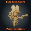 Rose Deux-Coups Rose Deux-Coups, figurine de femme pirate en résine 28 mm riant aux éclats, un pistolet à silex dans chaque main, tricorne recousu et corsage lacé