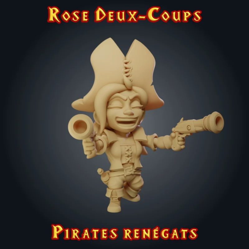 Rose Deux-Coups, figurine de femme pirate en résine 28 mm riant aux éclats, un pistolet à silex dans chaque main, tricorne recousu et corsage lacé