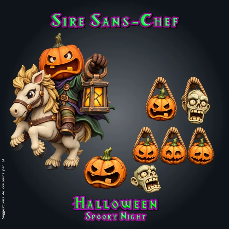 Sire Sans-Chef-01 Sire Sans-Chef, figurine de cavalier sans tête en résine 28 mm sur un poney cabré, tête-citrouille grimaçante, lanterne à la main, avec têtes et bras de rechange