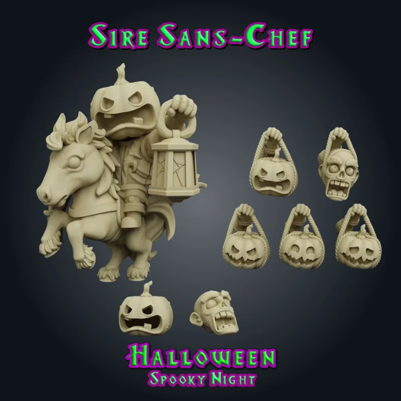 Sire Sans-Chef, figurine de cavalier sans tête en résine 28 mm sur un poney cabré, tête-citrouille grimaçante, lanterne à la main, avec têtes et bras de rechange version brute