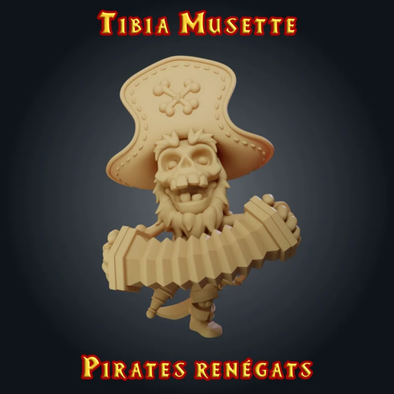 Tibia Musette, figurine de squelette pirate en résine 28 mm jouant de l'accordéon, grand chapeau orné de tibias croisés, barbe hirsute et jambe de bois