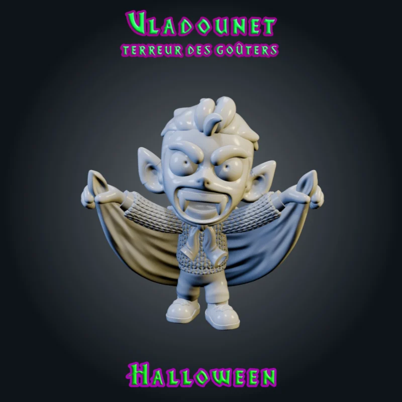 Vladounet, figurine de petit vampire en résine 28 mm déployant sa grande cape à bout de bras, crocs sortis, pull tricoté et cheveux en bataille vue brute