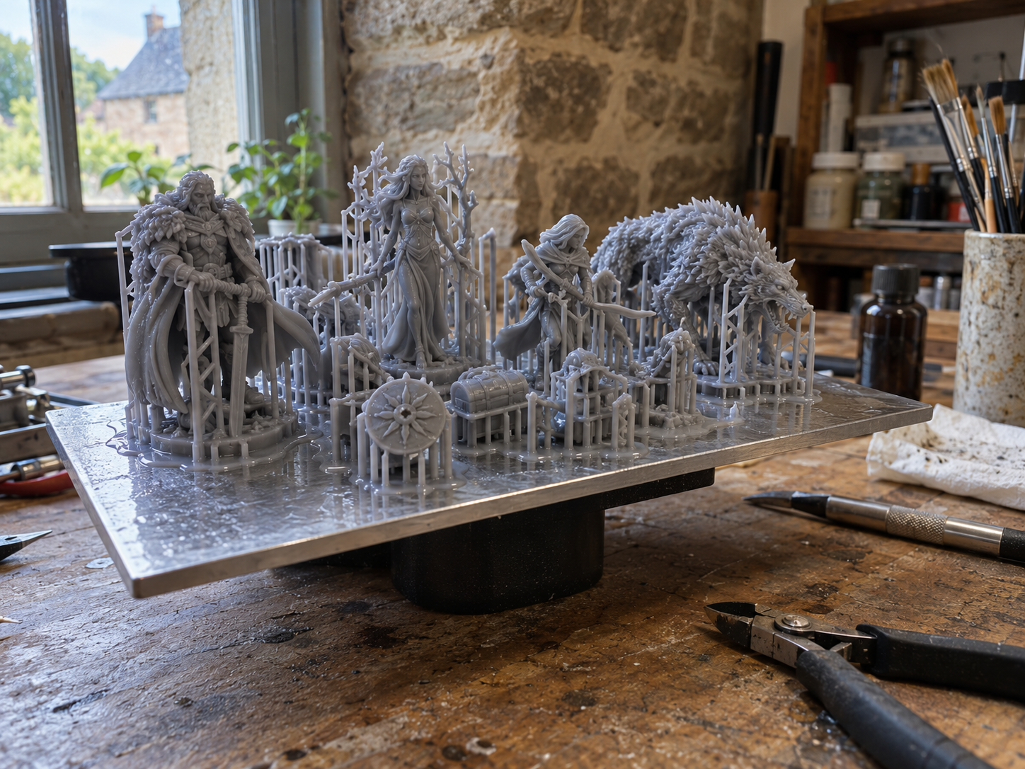 figurines en résine fraîchement imprimées dans l'atelier des Trésors du Donjon