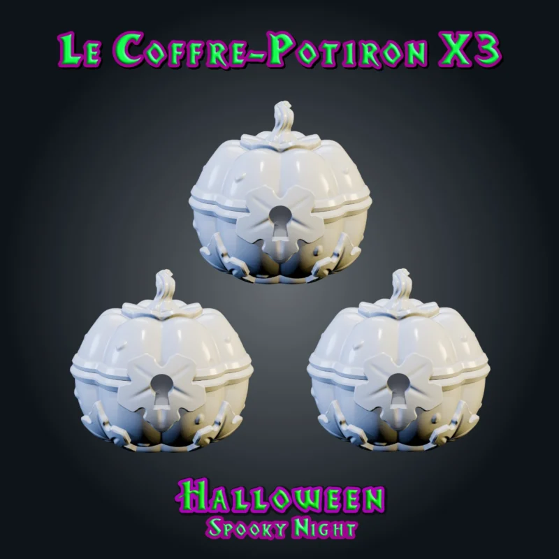 Le Coffre-Potiron, coffre citrouille miniature en résine pour JDR : citrouille ronde fermée par un couvercle, serrure ouvragée et feuilles à la base vue brute