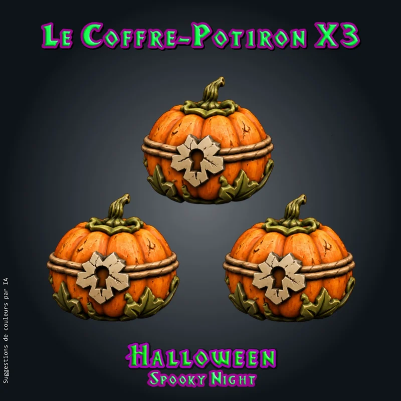 coffre-potiron Le Coffre-Potiron, coffre citrouille miniature en résine pour JDR : citrouille ronde fermée par un couvercle, serrure ouvragée et feuilles à la base
