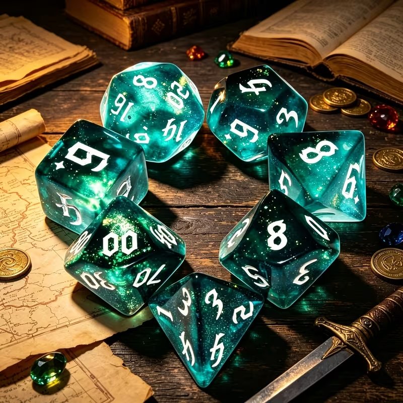dés jeu de rôle turquoise disposés en cercle, effet galaxie pailleté, D4 à D20