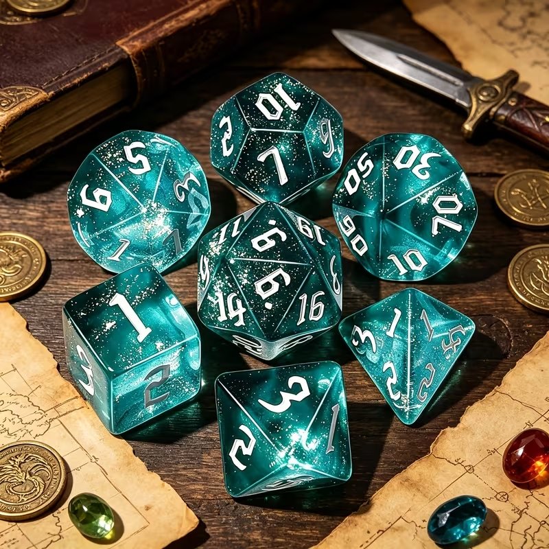 dés JDR turquoise pailletés, set de 7 dés acrylique aux chiffres gothiques blancs sur table de jeu de rôle