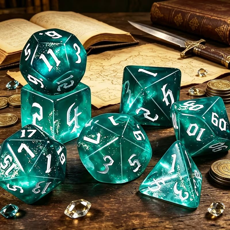 dés JDR turquoise set de 7 dés polyédriques turquoise avec paillettes, D20 et D12 empilés près d'un grimoire