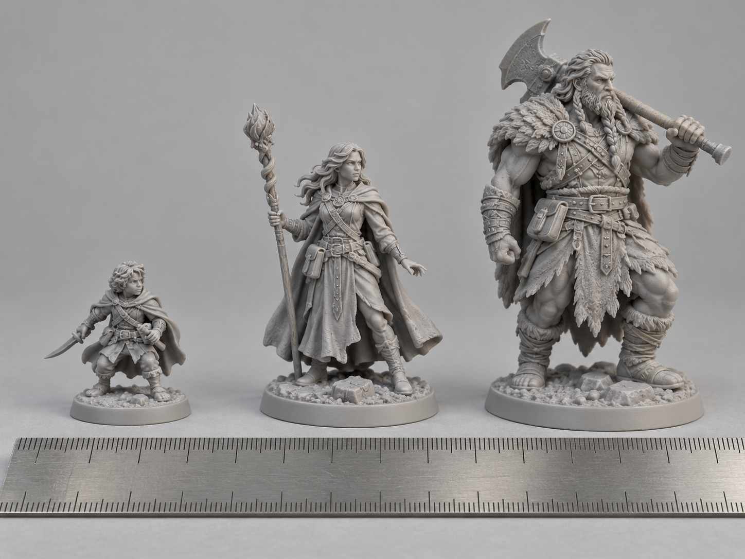 différence de taille entre une figurine 28mm, 32mm et 38mm posées devant une règle