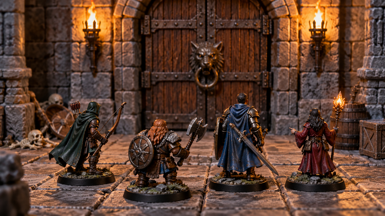 échelle figurine JDR, groupe d'aventuriers devant une porte de donjon en décor imprimé 3D