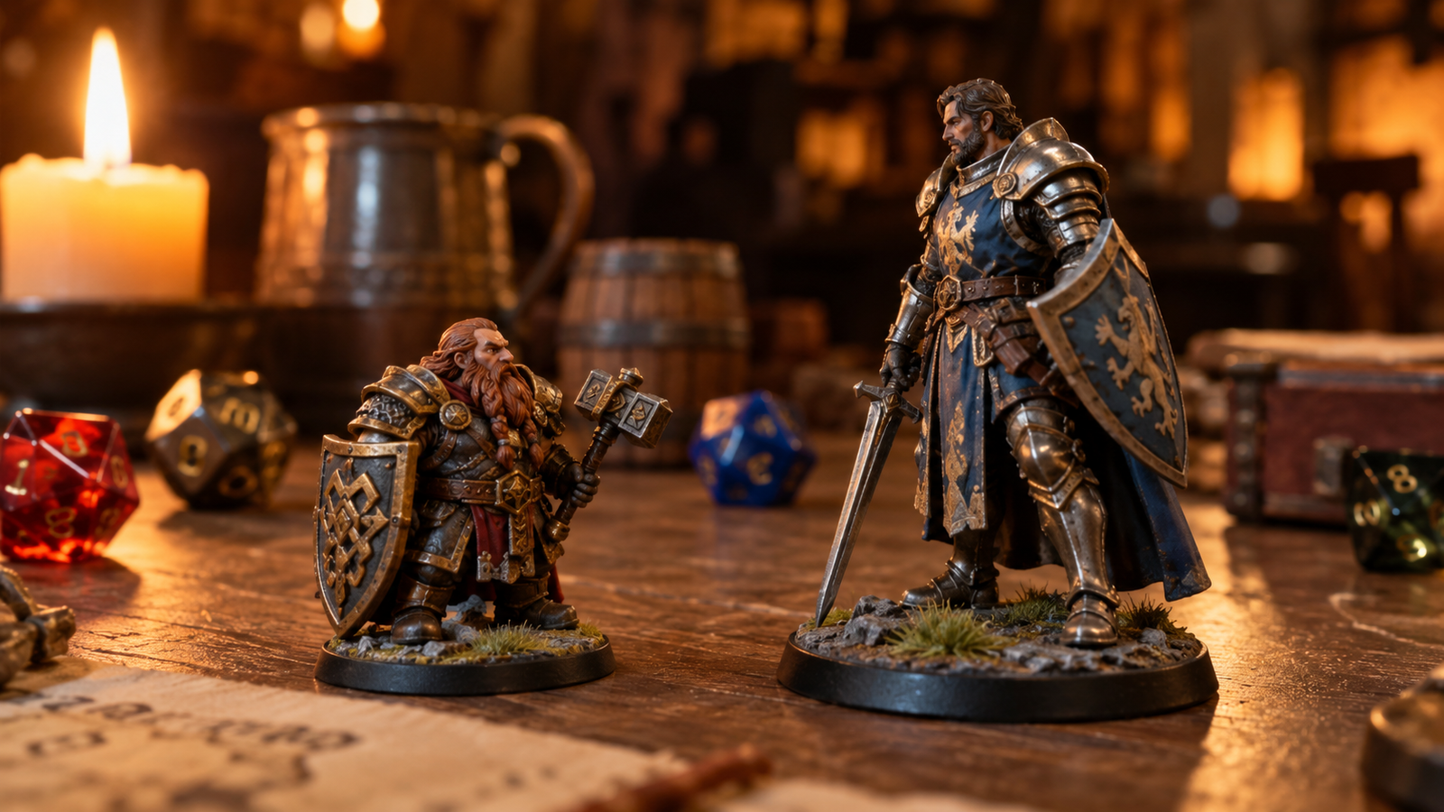 figurine 28mm ou 32mm, deux aventuriers peints face à face sur une table de jeu de rôle
