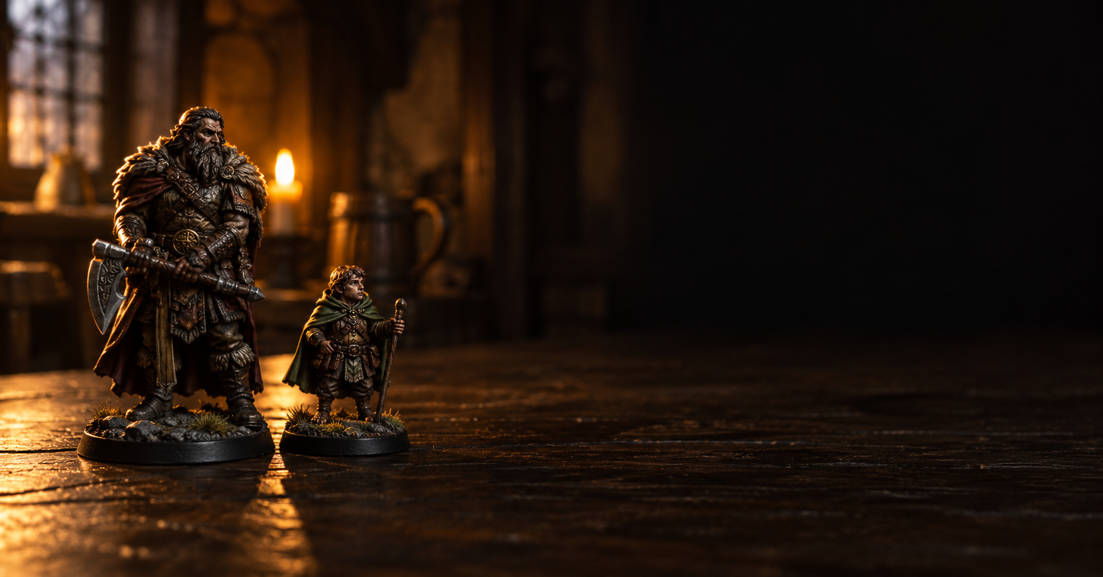 Two fantasy miniatures of different heights on a dark wooden table