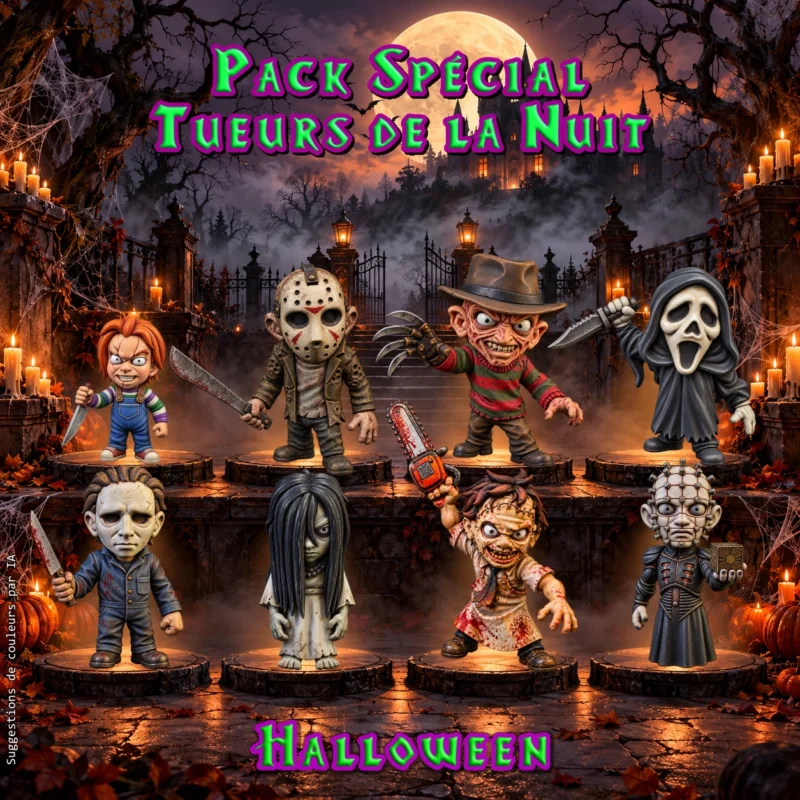 pack special tueurs de la nuit Pack de 8 figurines d’horreur chibi présentées en couleurs devant un château et un cimetière pour Halloween, suggestion de peinture